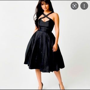 1950s Style Black Taffeta Cross Halter Joy Party Dress
